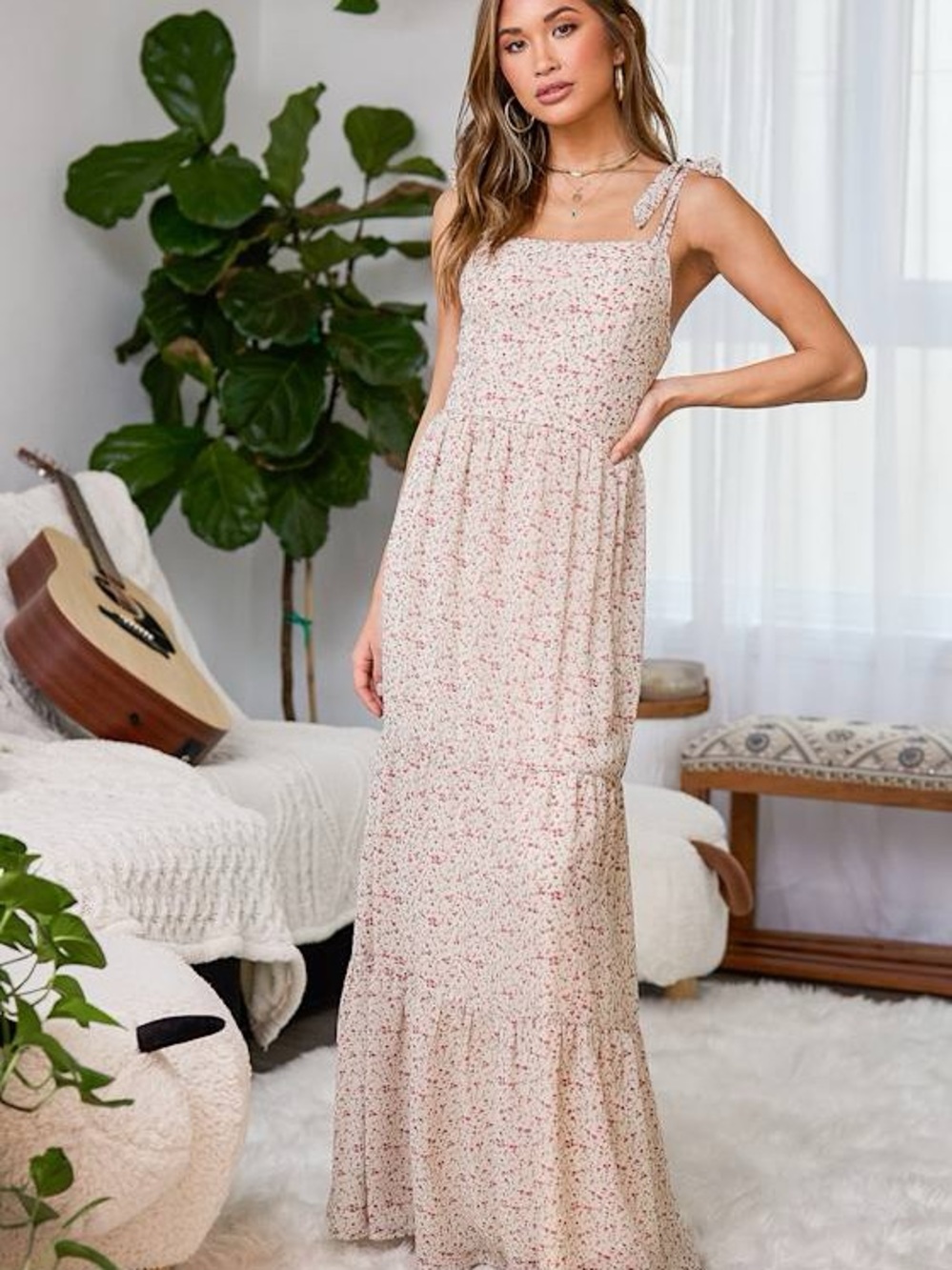 Lulus Glad to Meet You Cream Floral Print Tie-Strap Tiered Maxi Dress